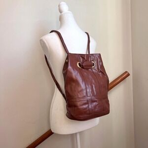 Vintage 90s Brown Faux Leather Bucket Backpack Drawstring Mini Daypack